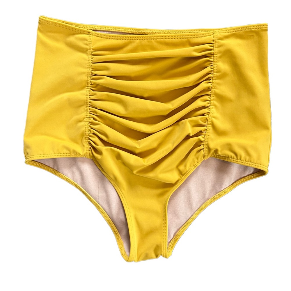 ⭐️Kortni Jeane mustard yellow ruched front high waisted swim bottoms size small